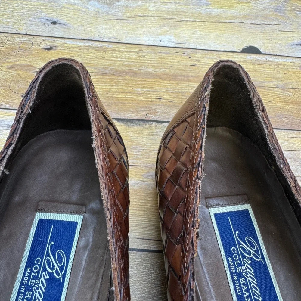 Vintage Bragano Cole Haan Men 10 Woven Leather Kiltie Tassel Loafer Brown Italy